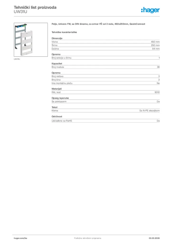 Slika Hager Tehnički list proizvoda UW31U  | Hager