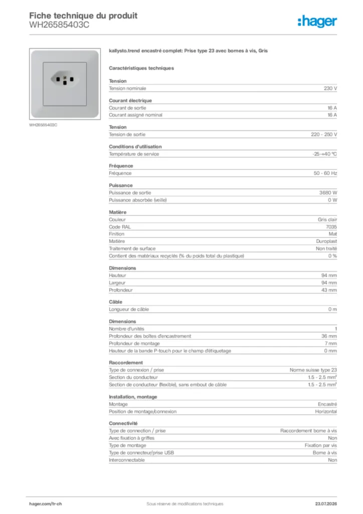 Image Hager Fiche technique du produit WH26585403C | Hager Suisse
