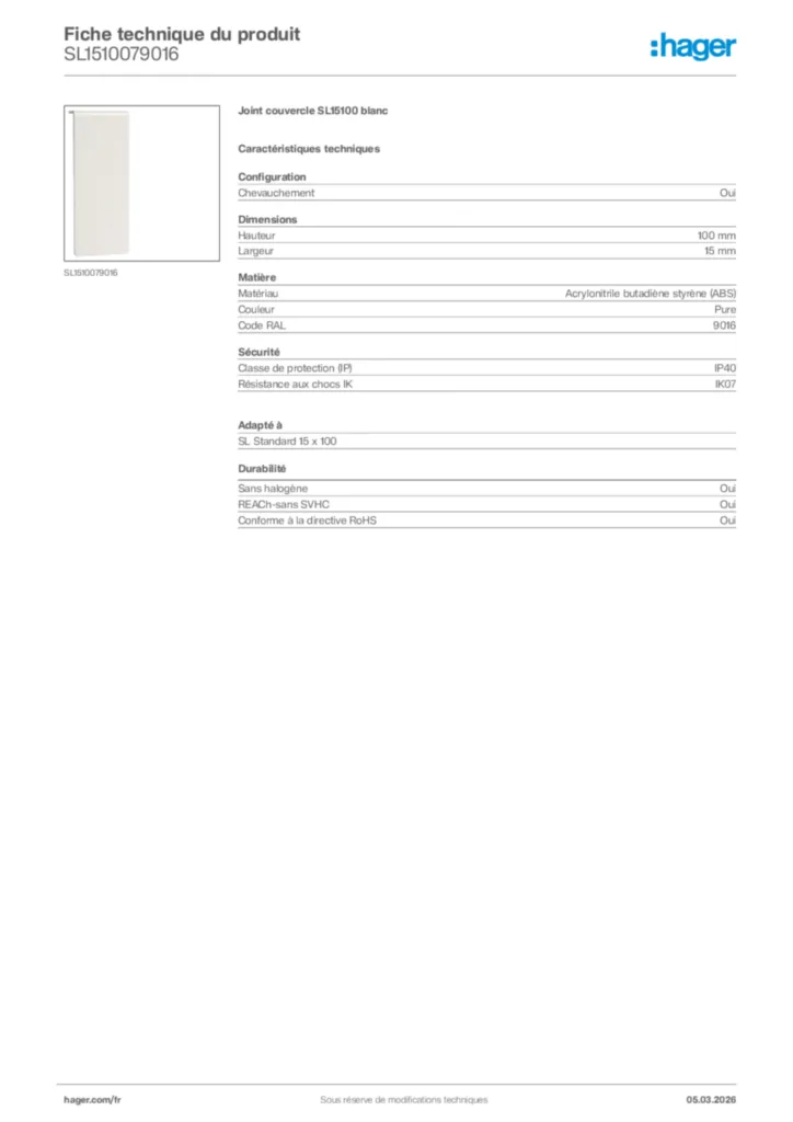 Image Hager Fiche technique du produit SL1510079016 | Hager France