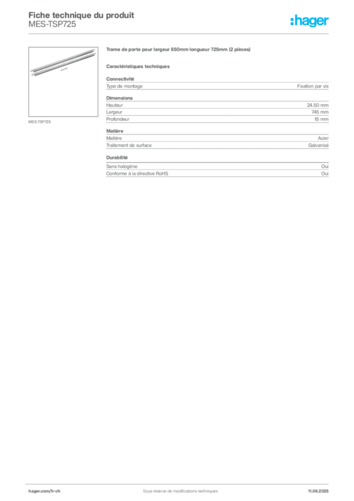 Image Hager Fiche technique du produit MES-TSP725 | Hager Suisse