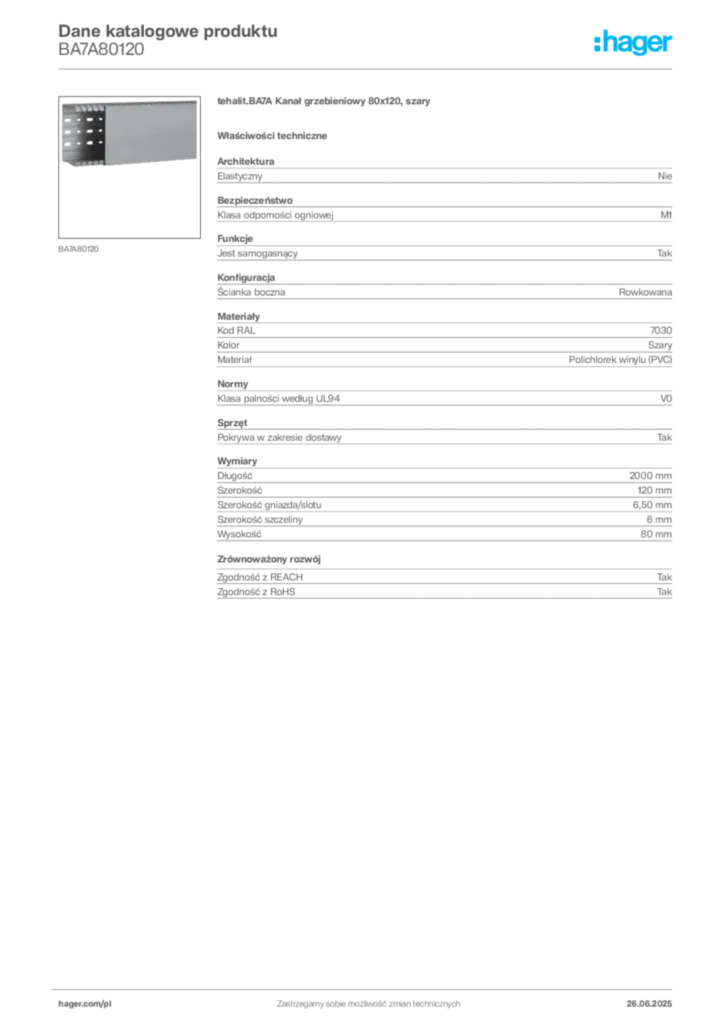 Zdjęcie Hager Karta katalogowa BA7A80120 | Hager Polska