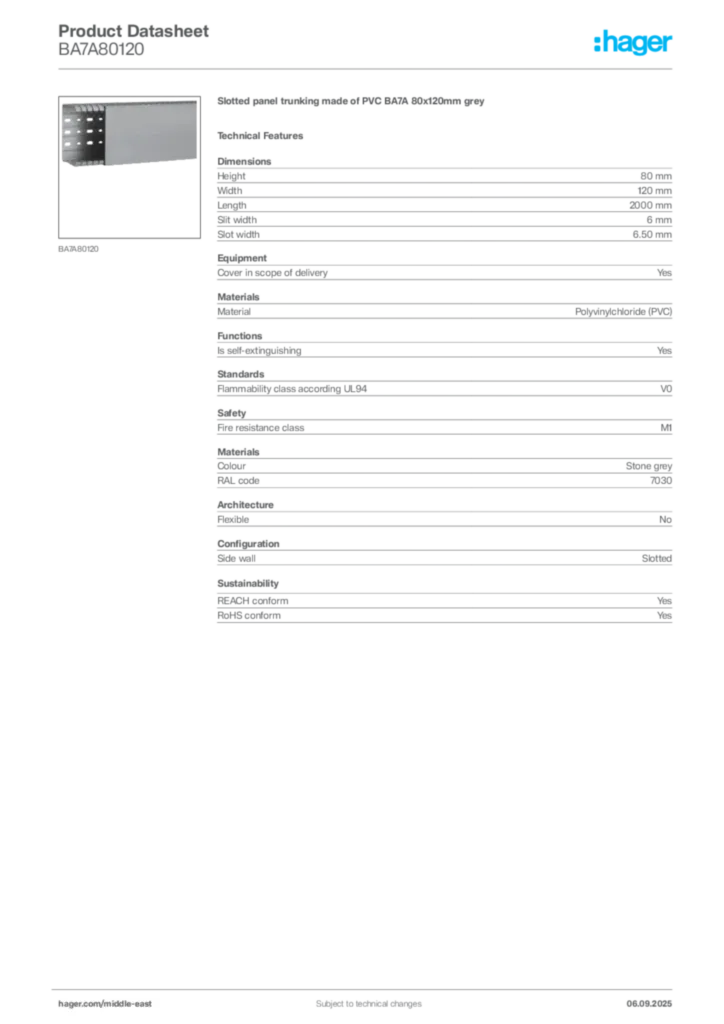 Image Hager Product data sheet BA7A80120  | Hager