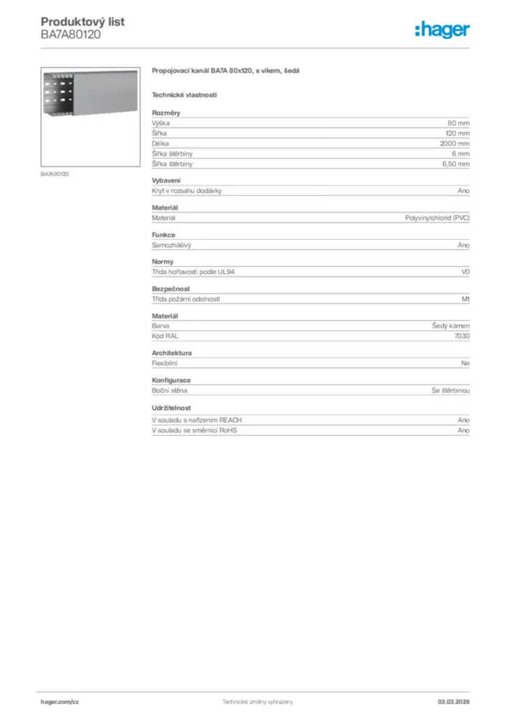 Obrázek Hager Product data sheet BA7A80120 | Hager