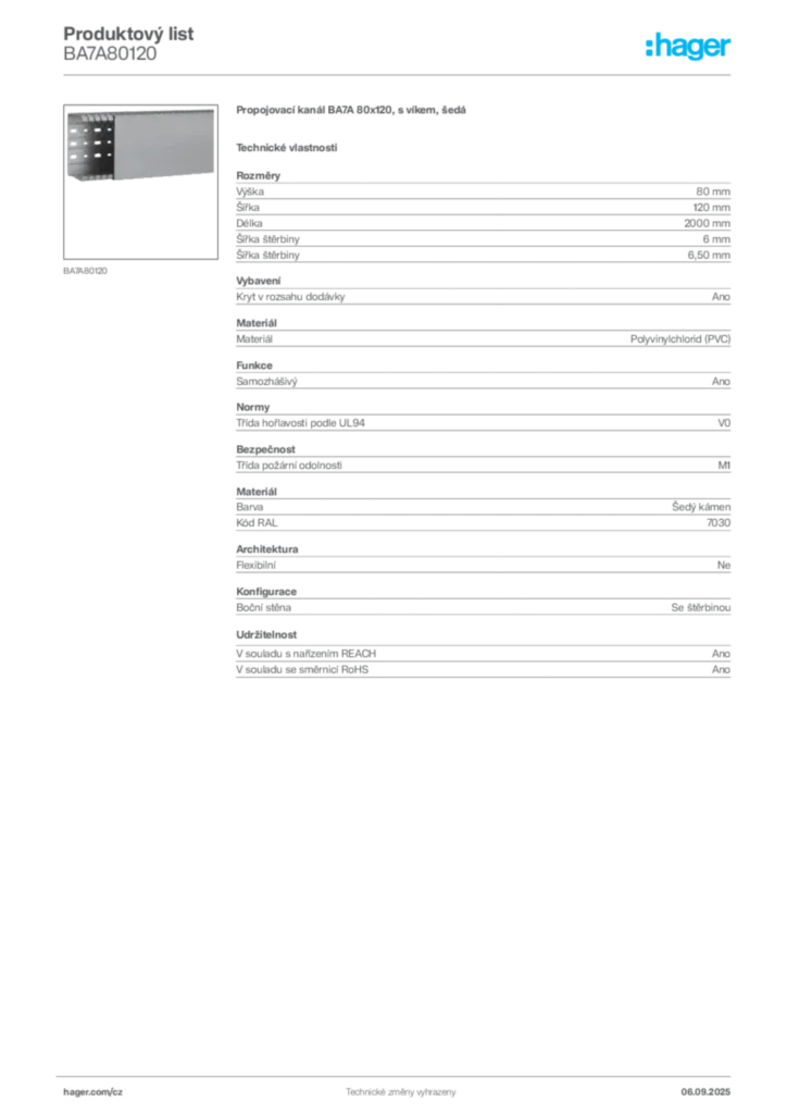 Obrázek Hager Produktový list BA7A80120 | Hager