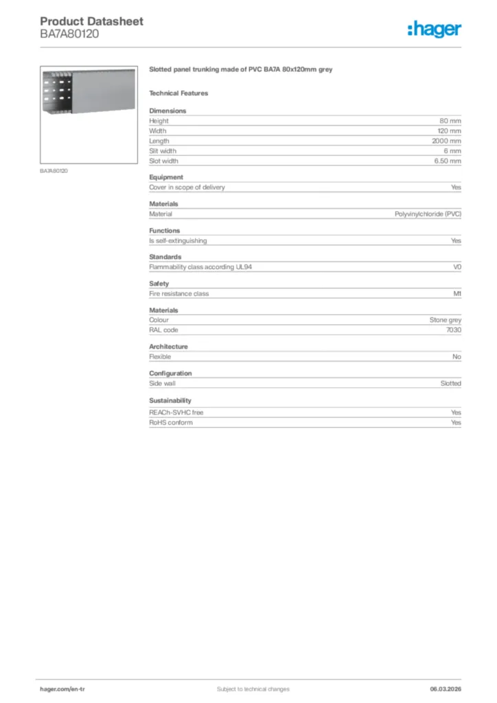 Image Hager Product data sheet BA7A80120  | Hager