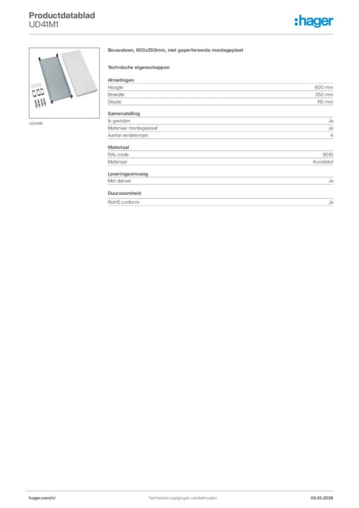 Afbeelding Hager Productdatablad UD41M1 | Hager Nederland