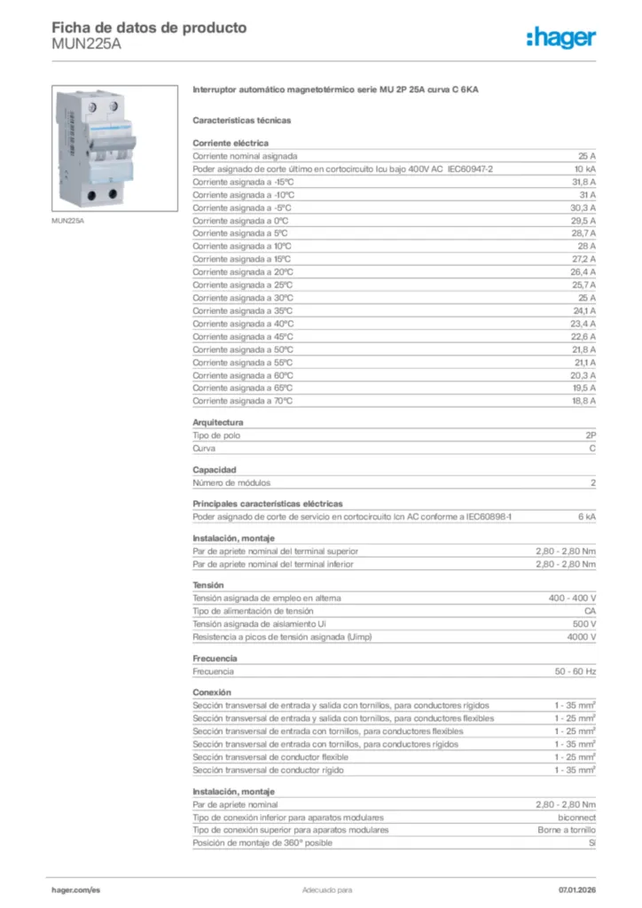 Imagen Hager Ficha de datos de producto MUN225A | Hager España