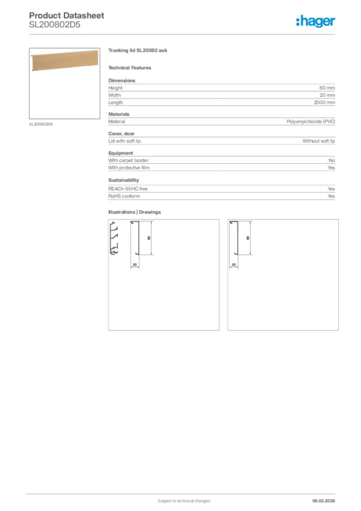 Image Hager Product data sheet SL200802D5  | Hager Africa