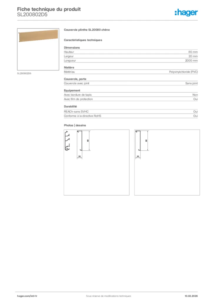 Image Hager Fiche technique du produit SL200802D5 | Hager Afrique