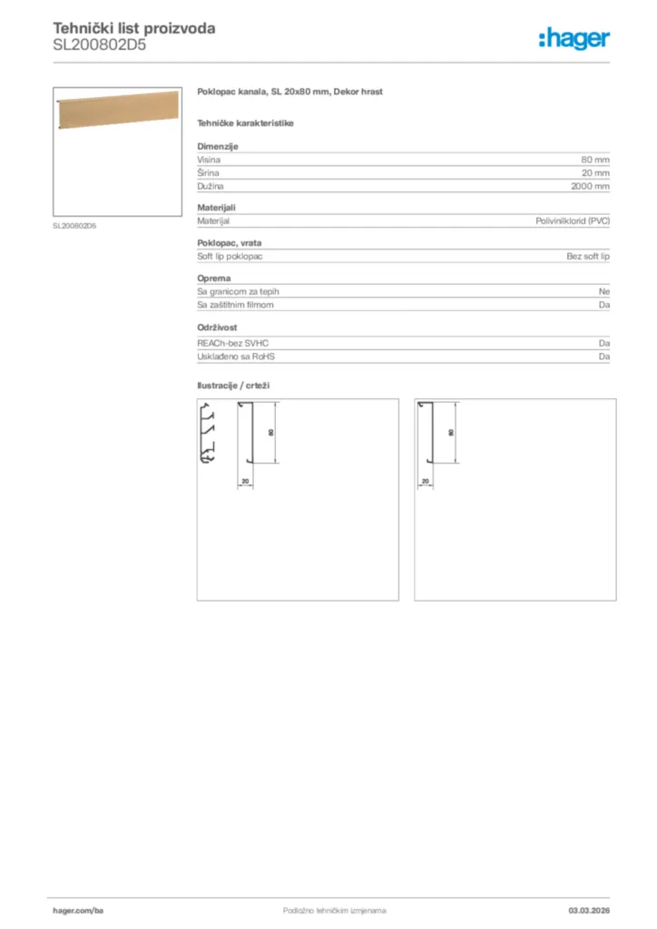 Slika Hager Tehnički list proizvoda SL200802D5  | Hager
