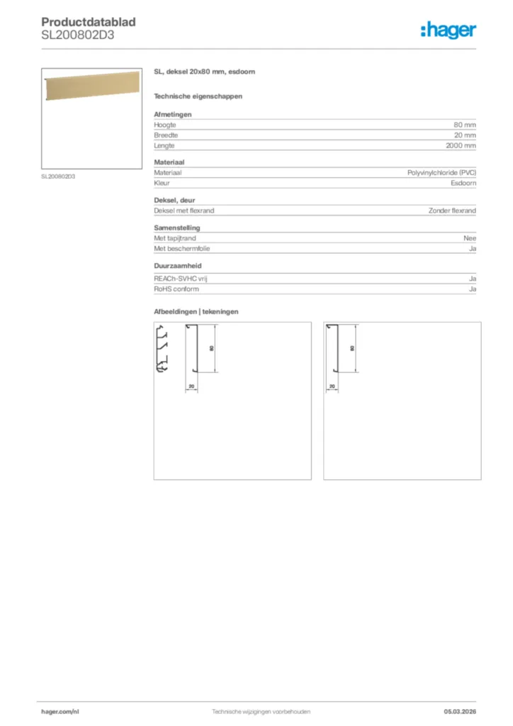 Afbeelding Hager Productdatablad SL200802D3 | Hager Nederland