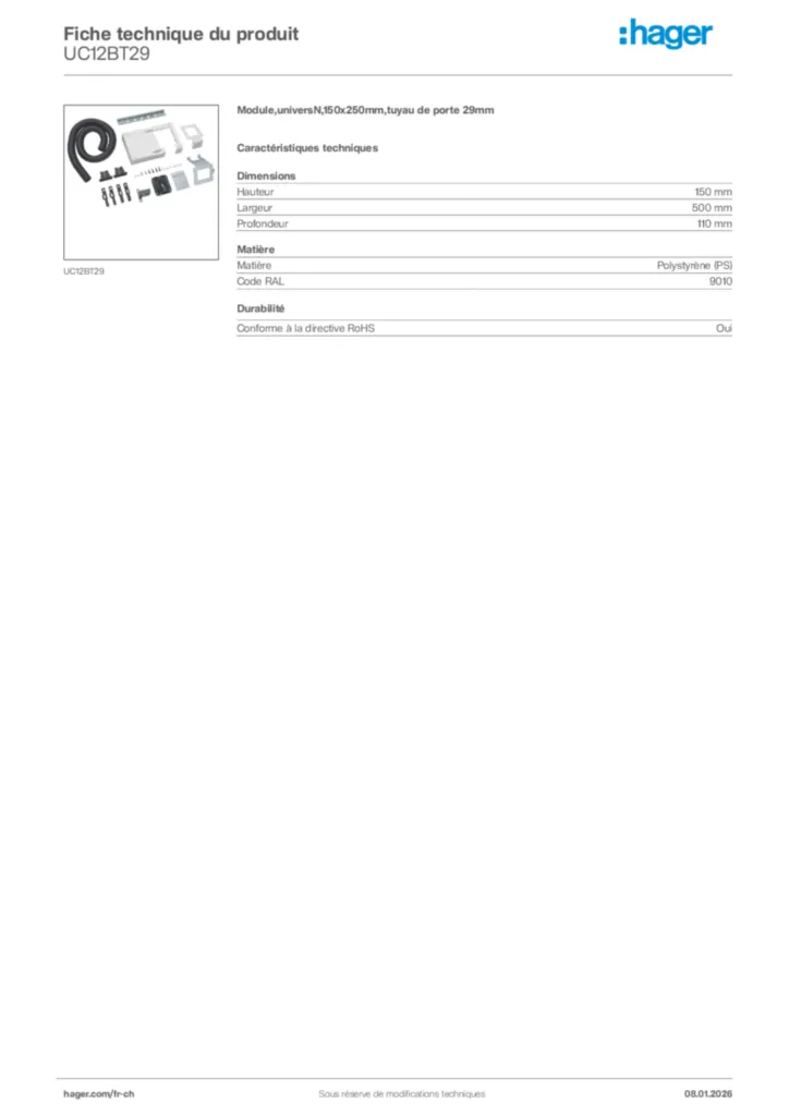 Image Hager Fiche technique du produit UC12BT29 | Hager Suisse