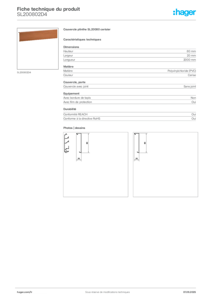 Image Hager Fiche technique du produit SL200802D4 | Hager France
