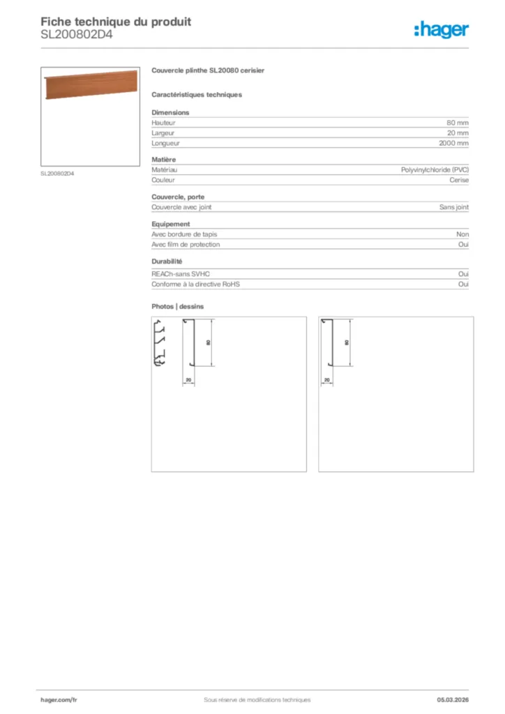 Image Hager Fiche technique du produit SL200802D4 | Hager France