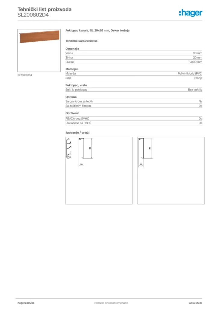 Slika Hager Tehnički list proizvoda SL200802D4  | Hager