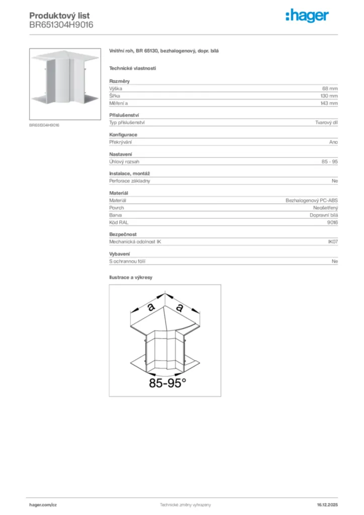 Obrázek Hager Produktový list BR651304H9016 | Hager