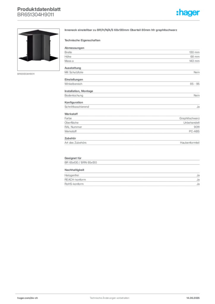 Bild Hager Produktdatenblatt BR651304H9011 | Hager Schweiz