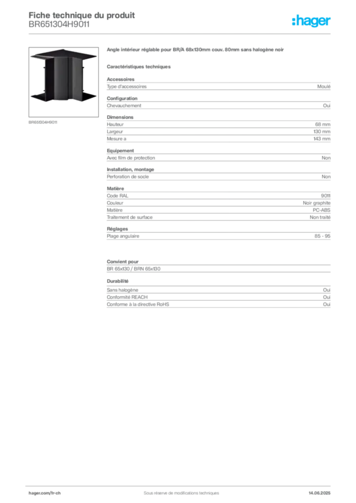 Image Hager Fiche technique du produit BR651304H9011 | Hager Suisse