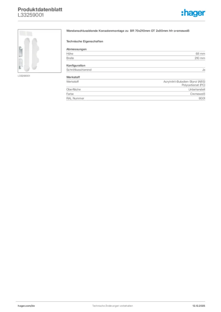 Bild Hager Produktdatenblatt L33259001 | Hager Deutschland