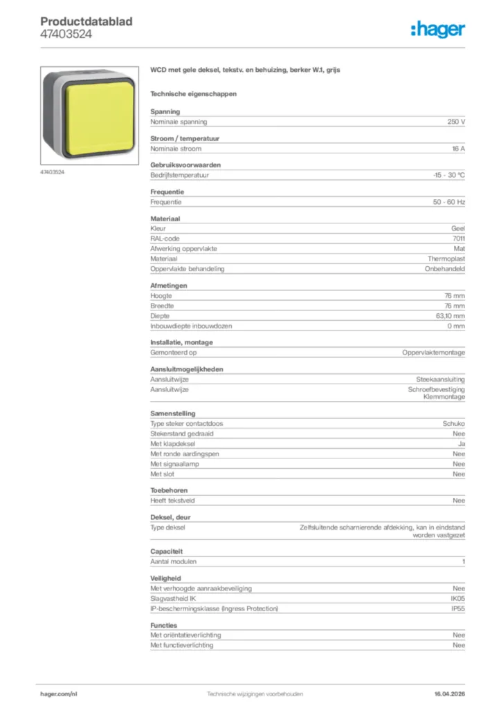 Afbeelding Hager Productdatablad 47403524 | Hager Nederland