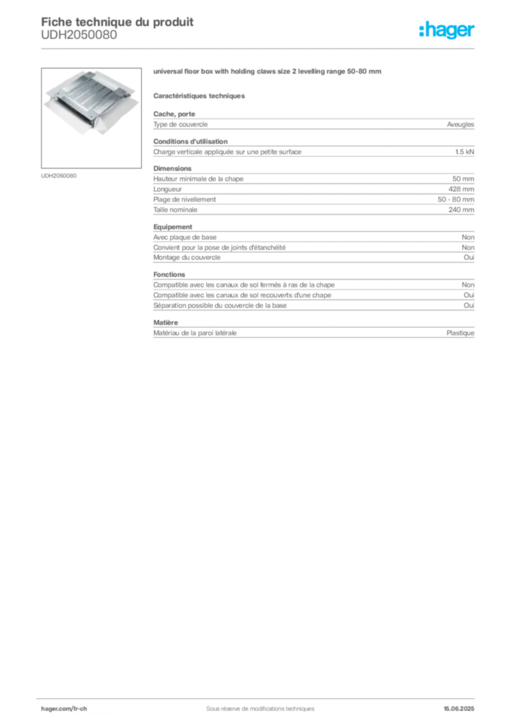 Image Hager Fiche technique du produit UDH2050080 | Hager Suisse