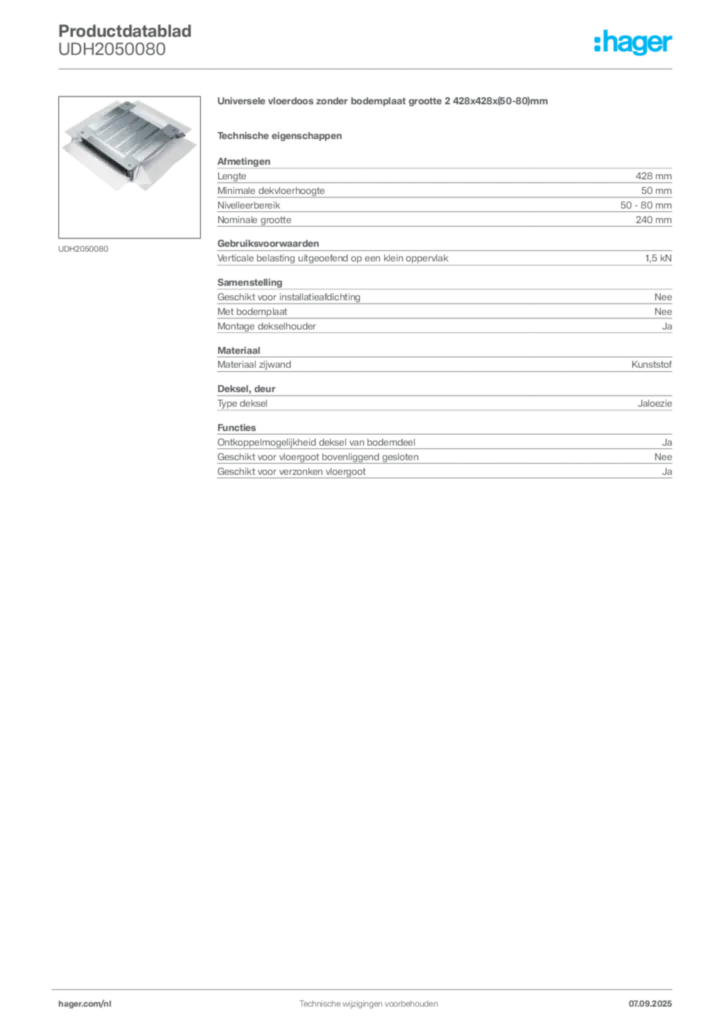 Afbeelding Hager Productdatablad UDH2050080 | Hager Nederland