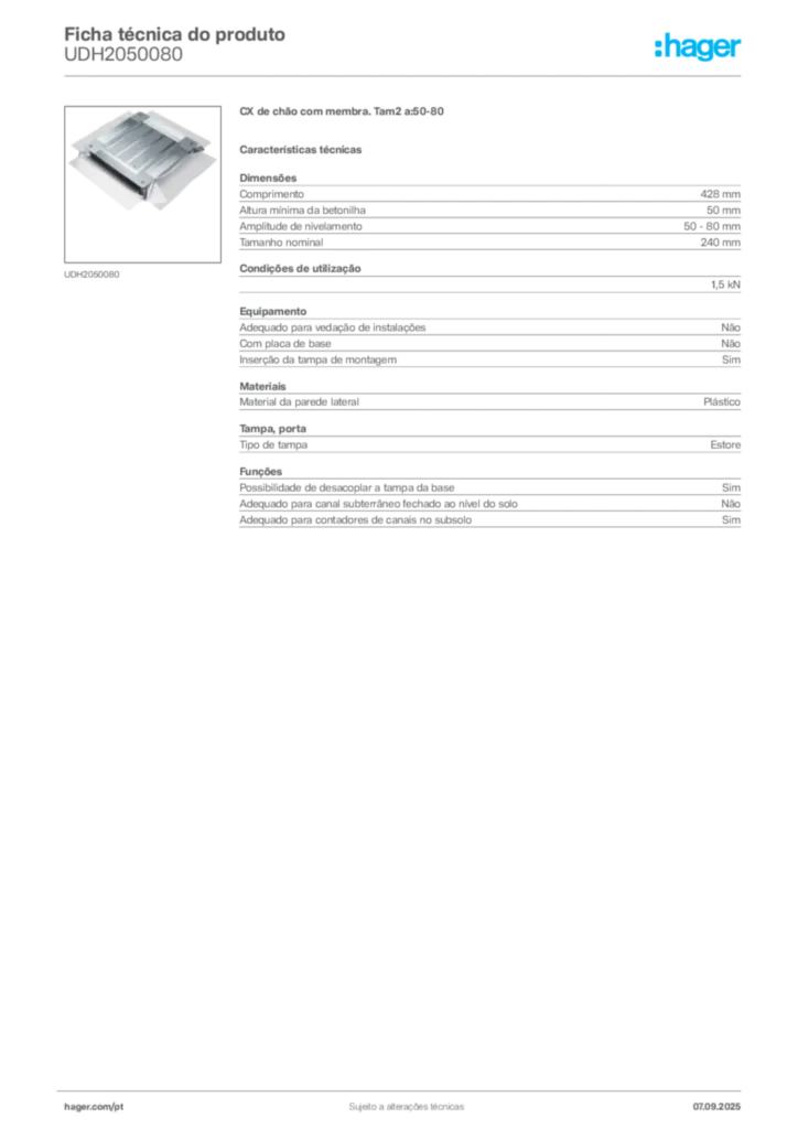 Imagem Hager Ficha técnica do produto UDH2050080 | Hager Portugal
