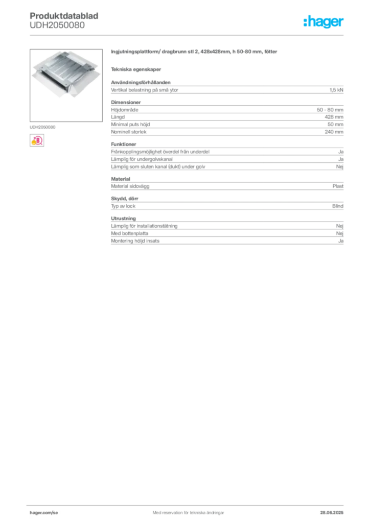 Bild Hager Produktdatablad UDH2050080 | Hager Sverige