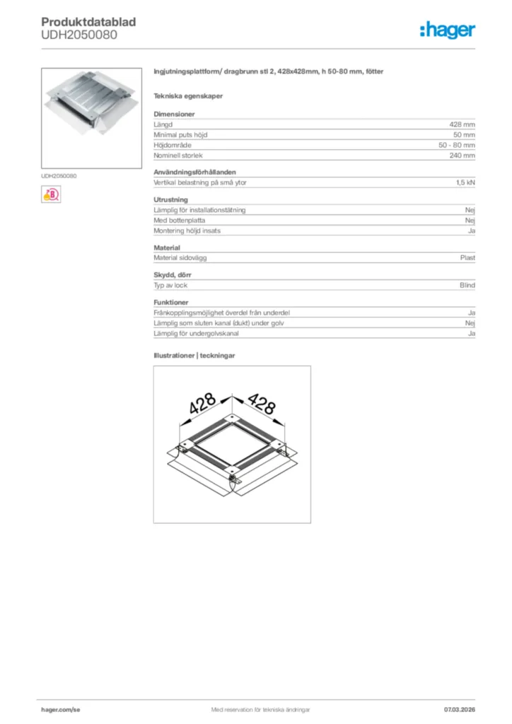 Bild Hager Produktdatablad UDH2050080 | Hager Sverige
