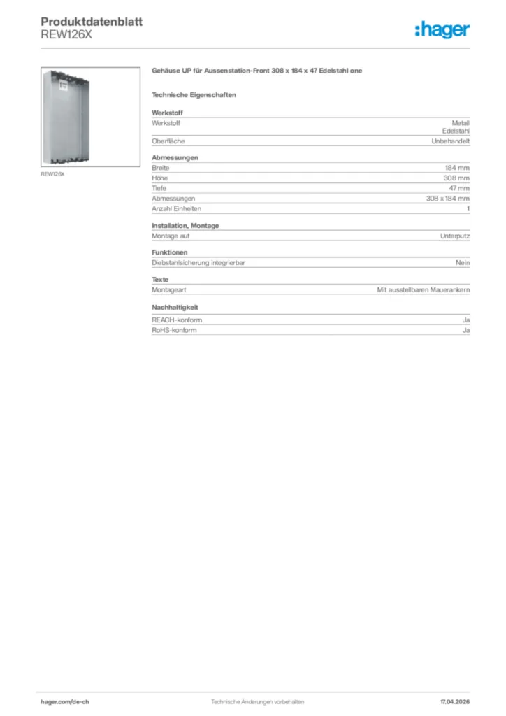 Bild Hager Produktdatenblatt REW126X | Hager Schweiz