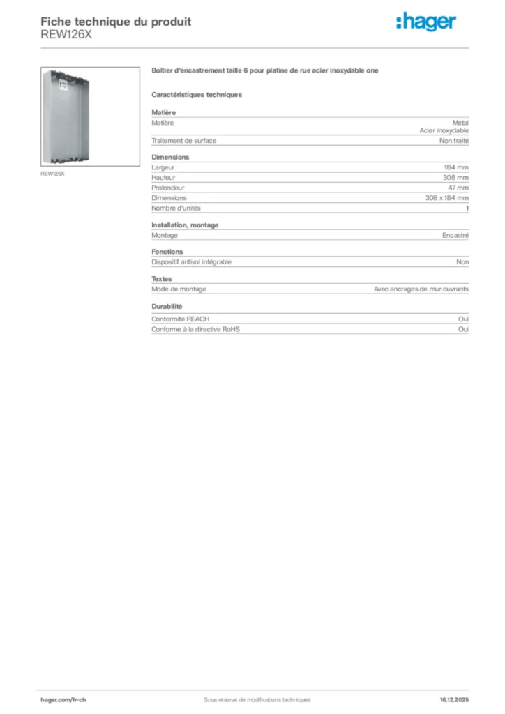 Image Hager Fiche technique du produit REW126X | Hager Suisse