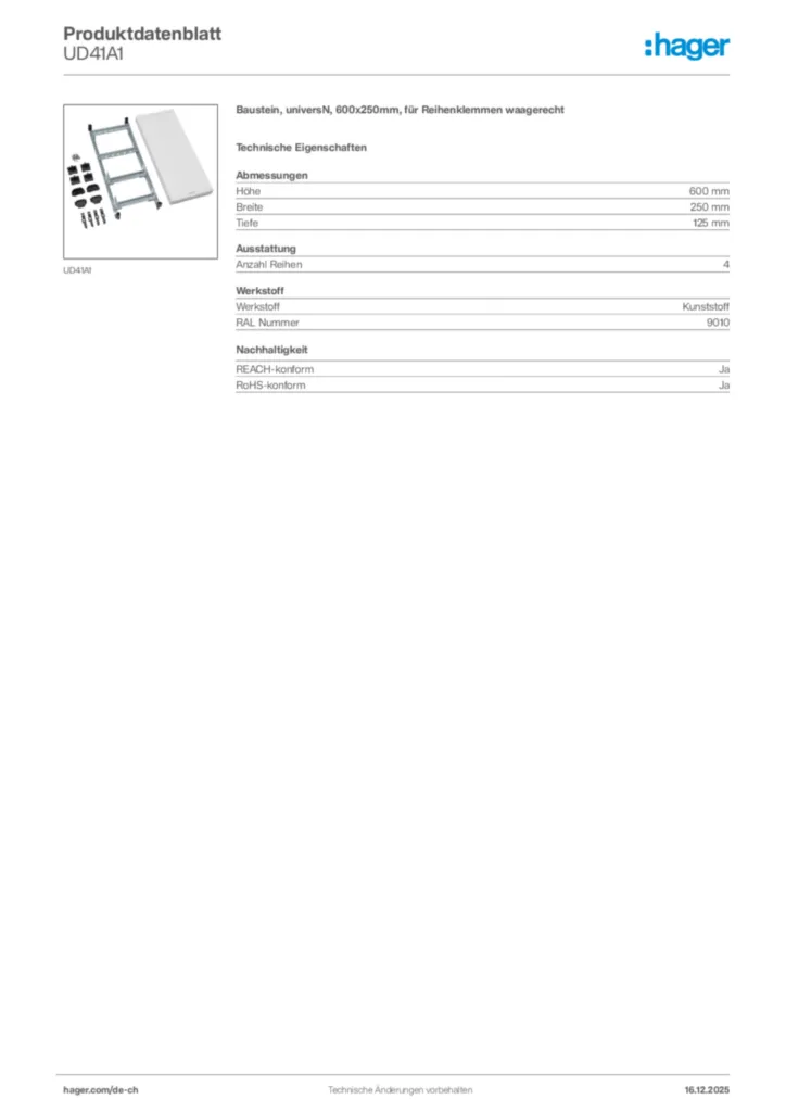 Bild Hager Produktdatenblatt UD41A1 | Hager Schweiz