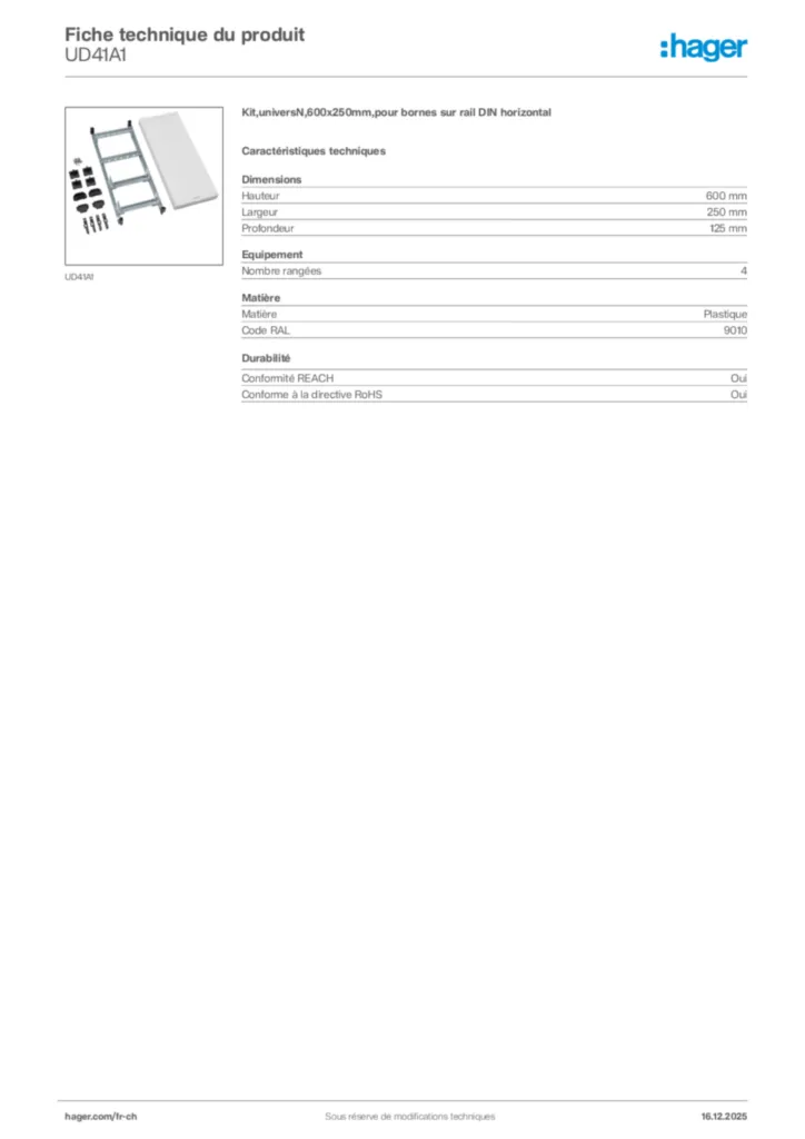 Image Hager Fiche technique du produit UD41A1 | Hager Suisse