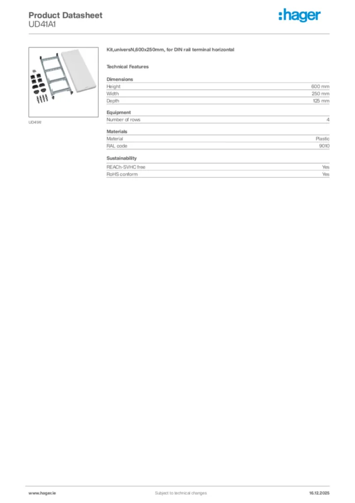 Image Hager Product data sheet UD41A1  | Hager