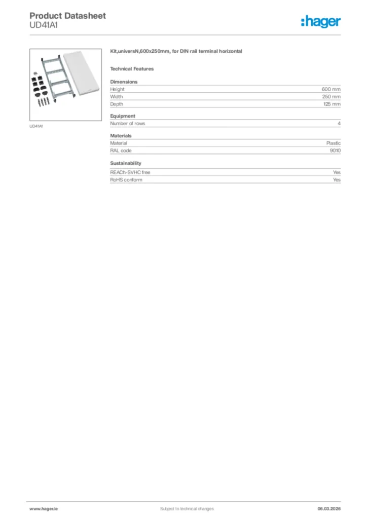 Image Hager Product data sheet UD41A1  | Hager