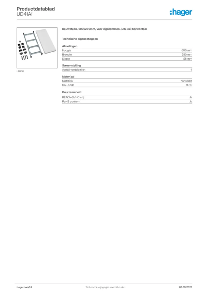 Afbeelding Hager Productdatablad UD41A1 | Hager Nederland