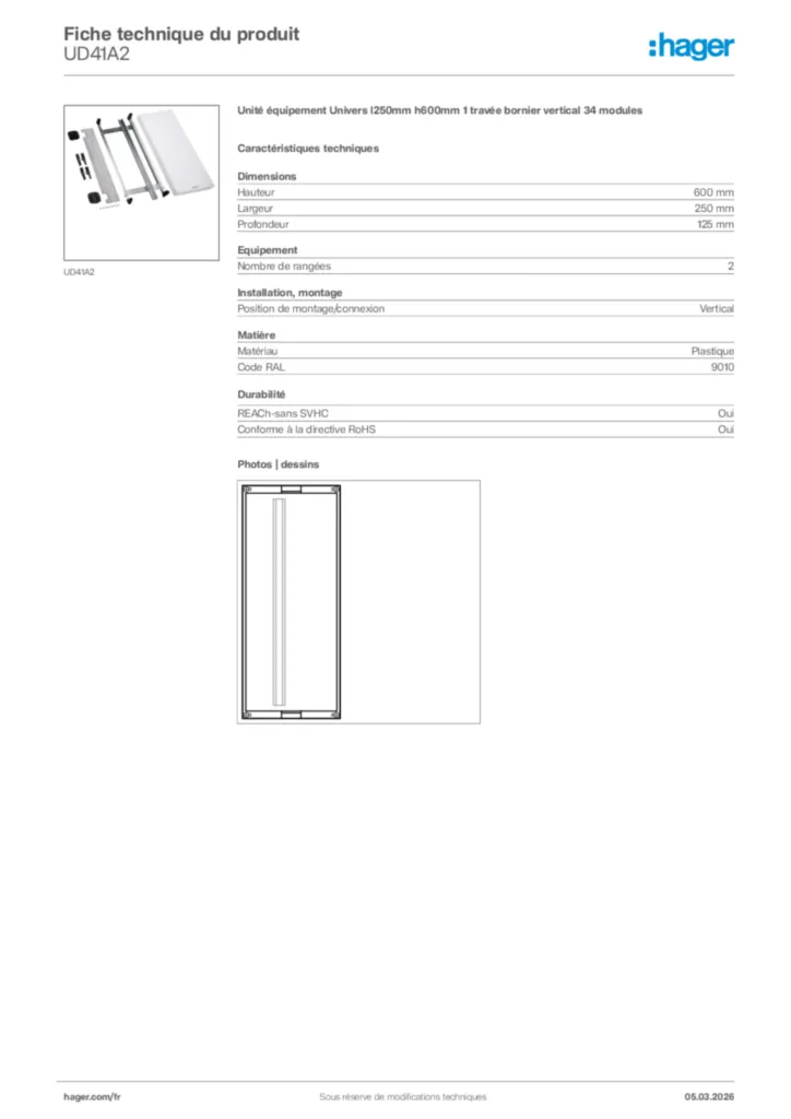 Image Hager Fiche technique du produit UD41A2 | Hager France