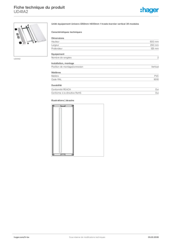 Image Hager Fiche technique du produit UD41A2 | Hager Belgique