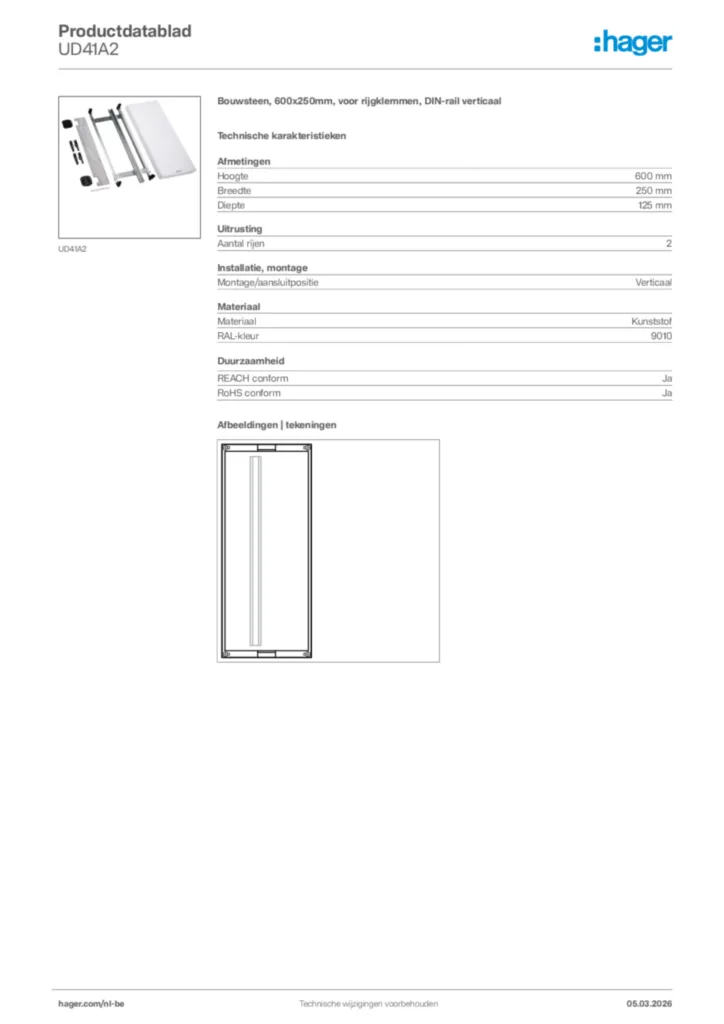 Afbeelding Hager Productdatablad UD41A2 | Hager Belgium