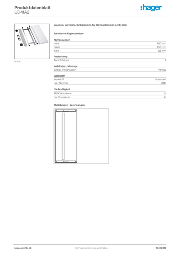 Bild Hager Produktdatenblatt UD41A2 | Hager Schweiz