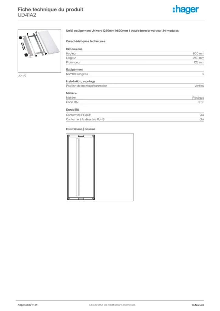 Image Hager Fiche technique du produit UD41A2 | Hager Suisse