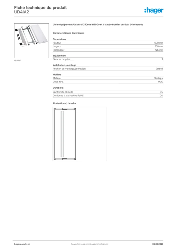 Image Hager Fiche technique du produit UD41A2 | Hager Suisse