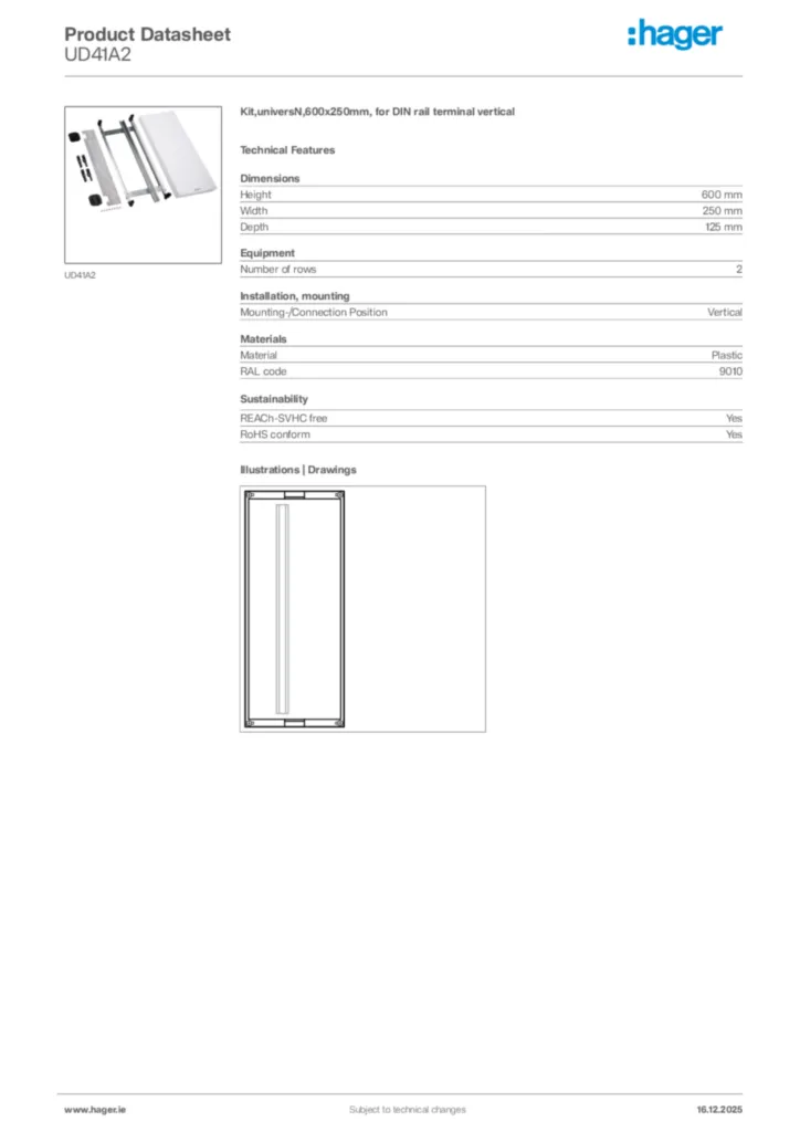 Image Hager Product data sheet UD41A2  | Hager