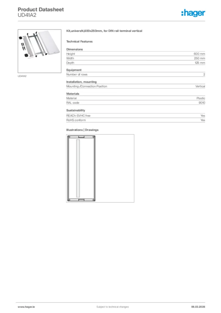 Image Hager Product data sheet UD41A2  | Hager