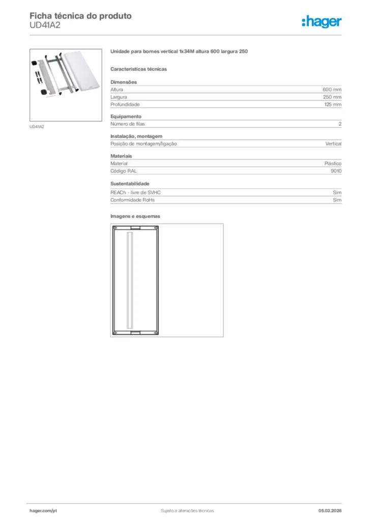 Imagem Hager Ficha técnica do produto UD41A2 | Hager Portugal