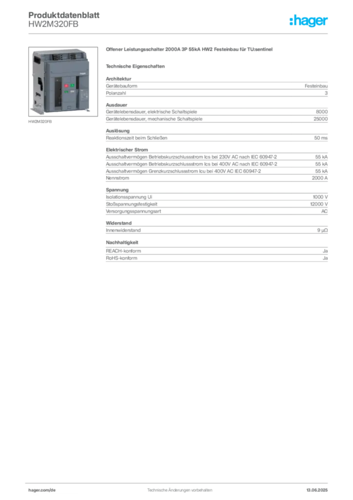 Bild Hager Produktdatenblatt HW2M320FB | Hager Deutschland