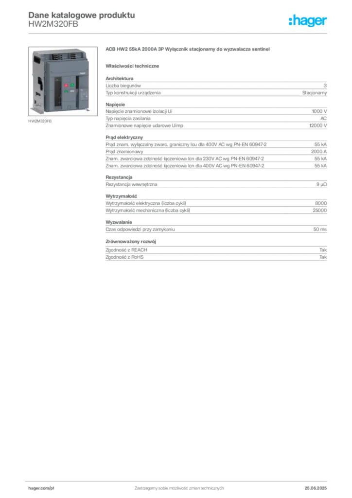 Zdjęcie Hager Karta katalogowa HW2M320FB | Hager Polska