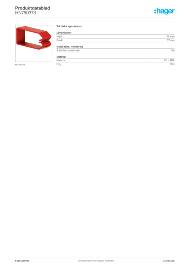 Bild Hager Produktdatablad HN750373 | Hager Sverige