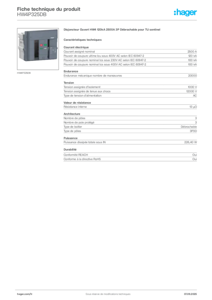 Image Hager Fiche technique du produit HW4P325DB | Hager France