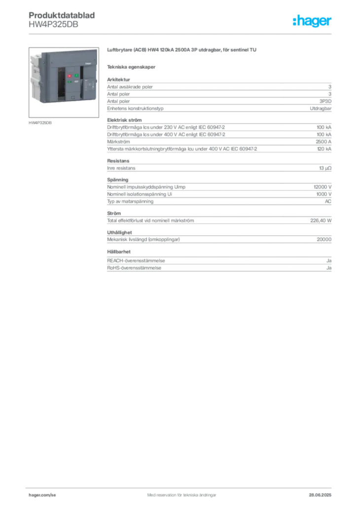 Bild Hager Produktdatablad HW4P325DB | Hager Sverige